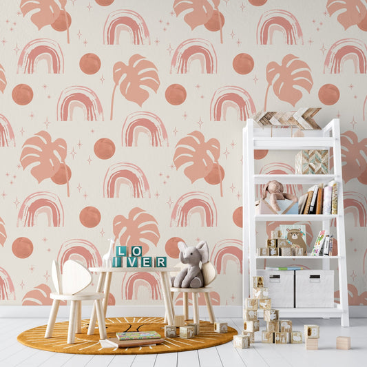 Abstract modern wall art with rainbow, monstera leaf, sun, stars background. Trendy seamless pattern for modern art print, boho wall decor, Mid century design in pastel rose blush co - OCP TINY THINGS