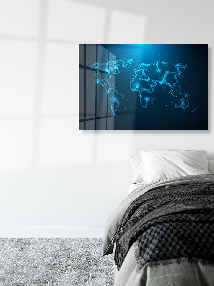 Abstract polygonal world map with glowing dots on dark background. Worldwide connection business - OCP TINY THINGS