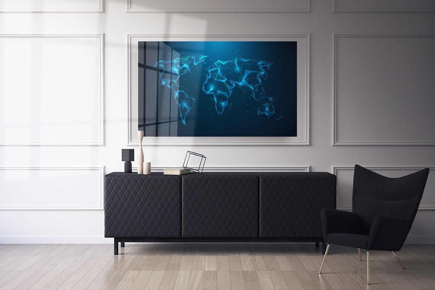 Abstract polygonal world map with glowing dots on dark background. Worldwide connection business - OCP TINY THINGS