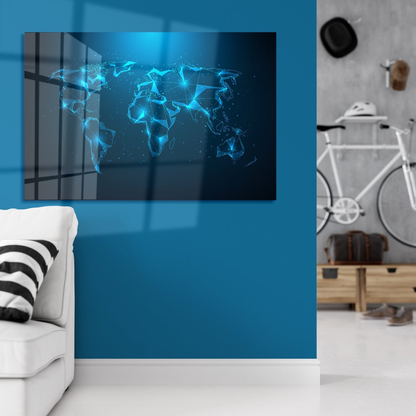 Abstract polygonal world map with glowing dots on dark background. Worldwide connection business - OCP TINY THINGS