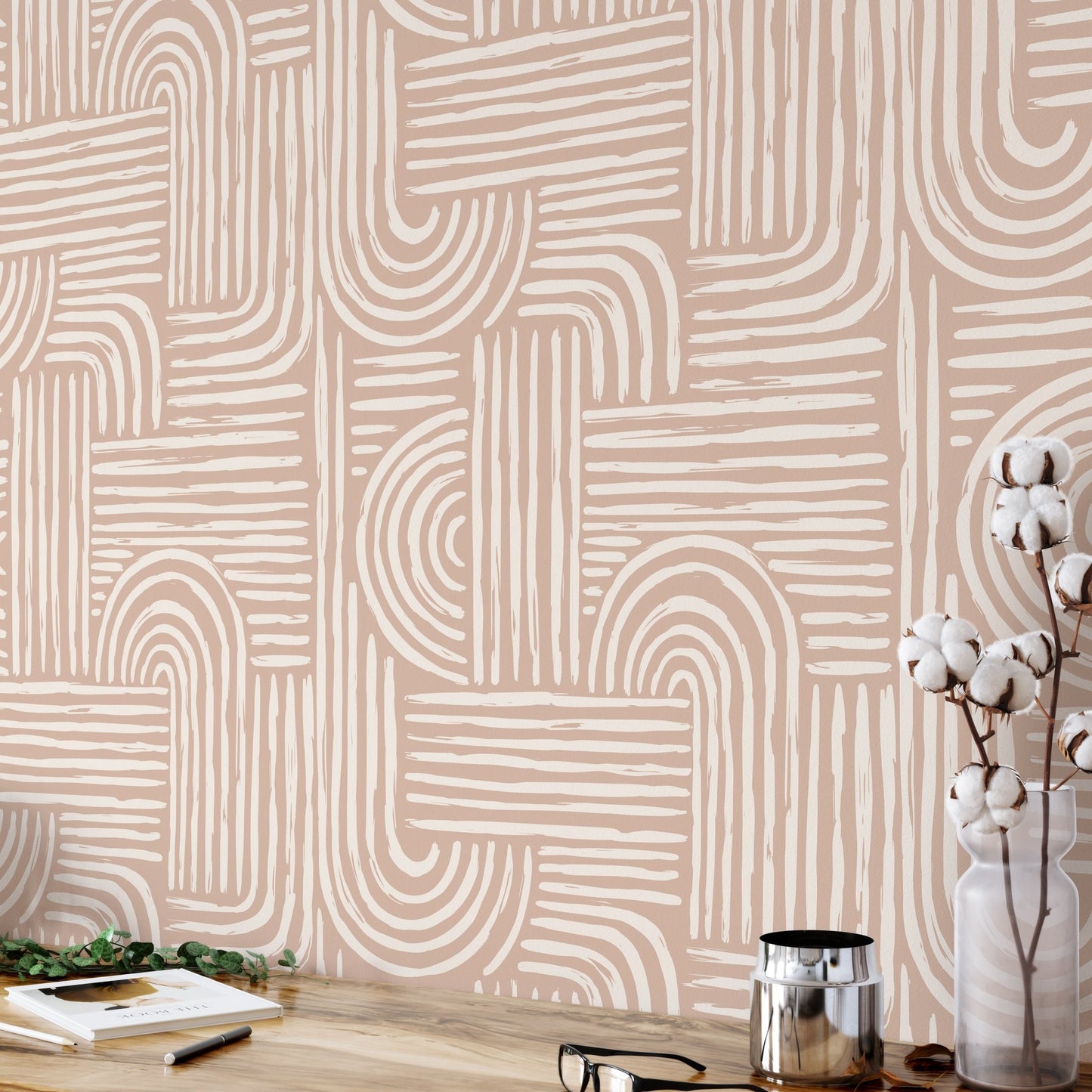 Aesthetic Contemporary pattern with abstract Minimal elegant line brush stroke shapes and line in nude colors. Pastel boho background in minimalist mid century style - OCP TINY THINGS