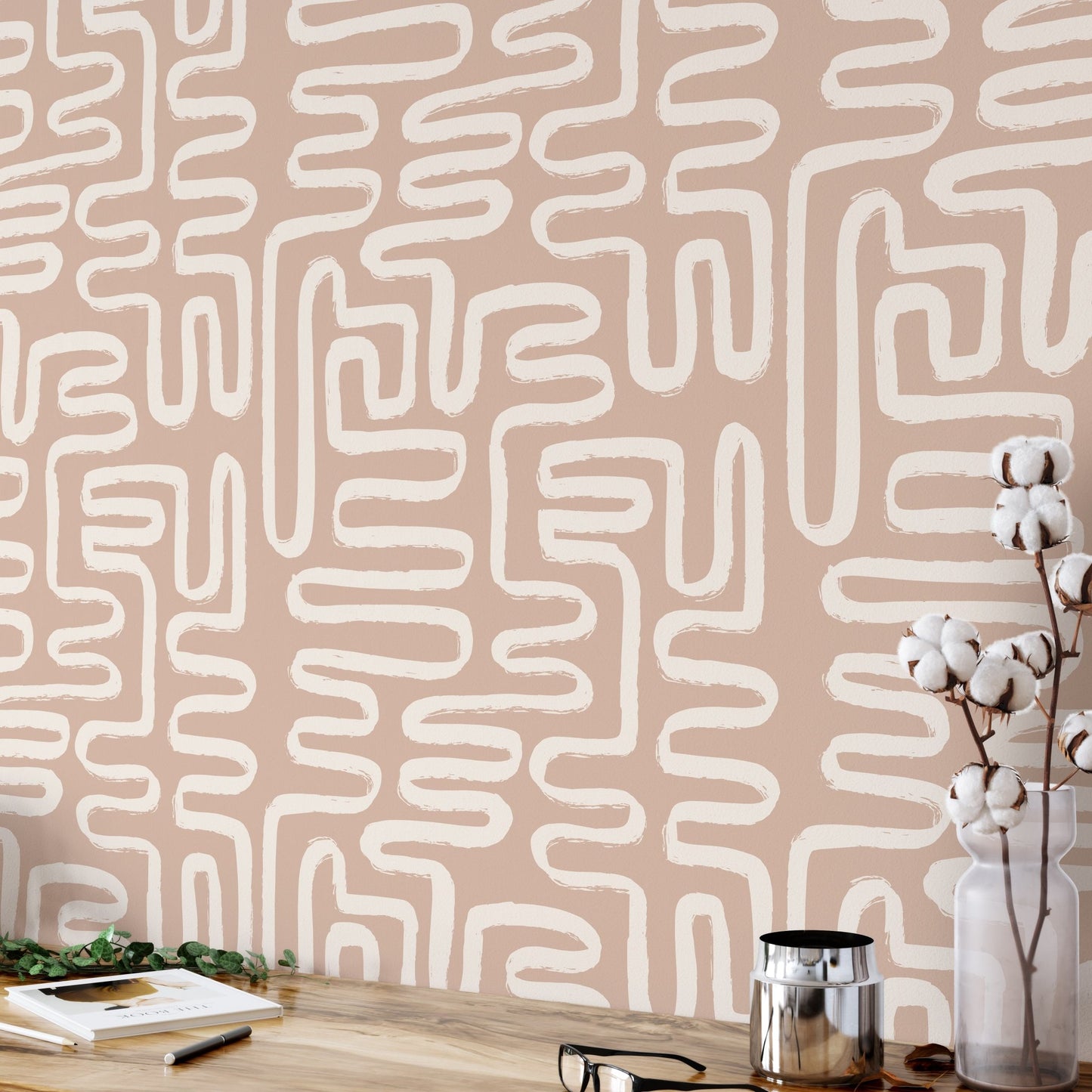 Aesthetic Contemporary pattern with abstract Minimal elegant line brush stroke shapes and line in nude colors. Pastel boho background in minimalist mid century style - OCP TINY THINGS