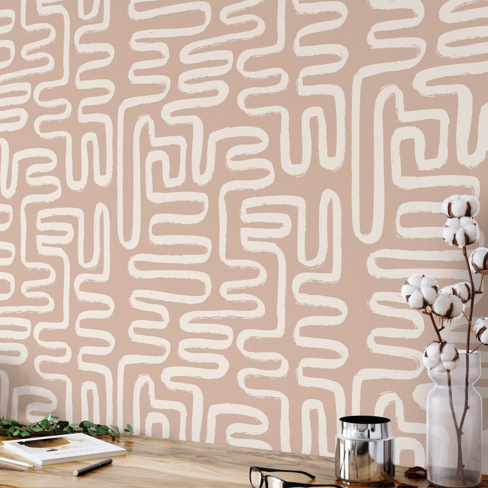 Aesthetic Contemporary pattern with abstract Minimal elegant line brush stroke shapes and line in nude colors. Pastel boho background in minimalist mid century style - OCP TINY THINGS