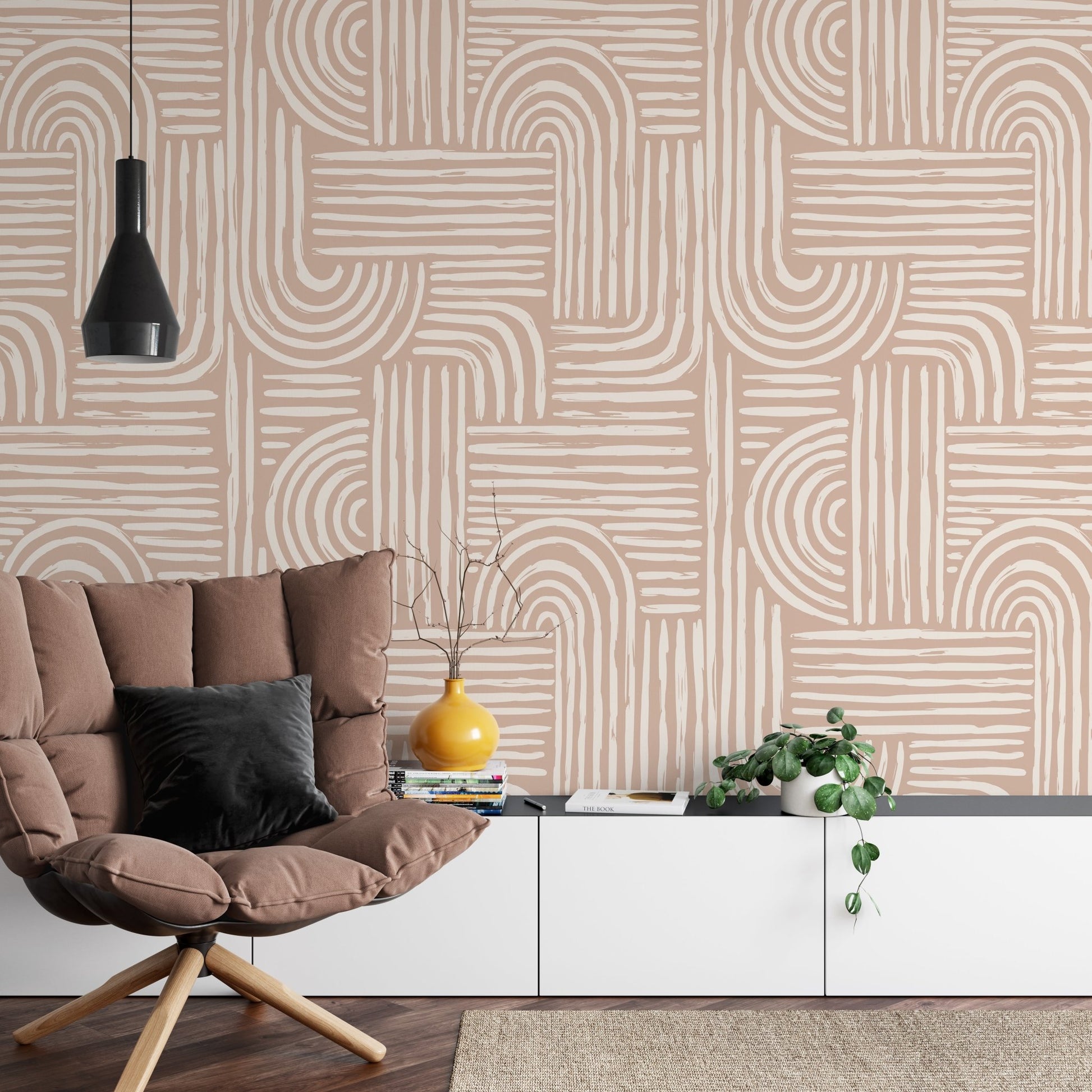 Aesthetic Contemporary pattern with abstract Minimal elegant line brush stroke shapes and line in nude colors. Pastel boho background in minimalist mid century style - OCP TINY THINGS