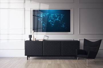 Abstract polygonal world map with glowing dots on dark background. Worldwide connection business