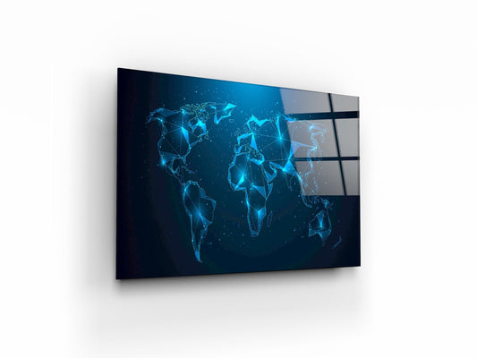 Abstract polygonal world map with glowing dots on dark background. Worldwide connection business - OCP TINY THINGS