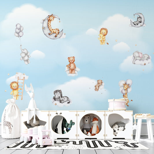 Blue sky background with clouds and sleeping animals. Cartoon animals sleeping on cloud watercolor hand drawn illustration - OCP TINY THINGS