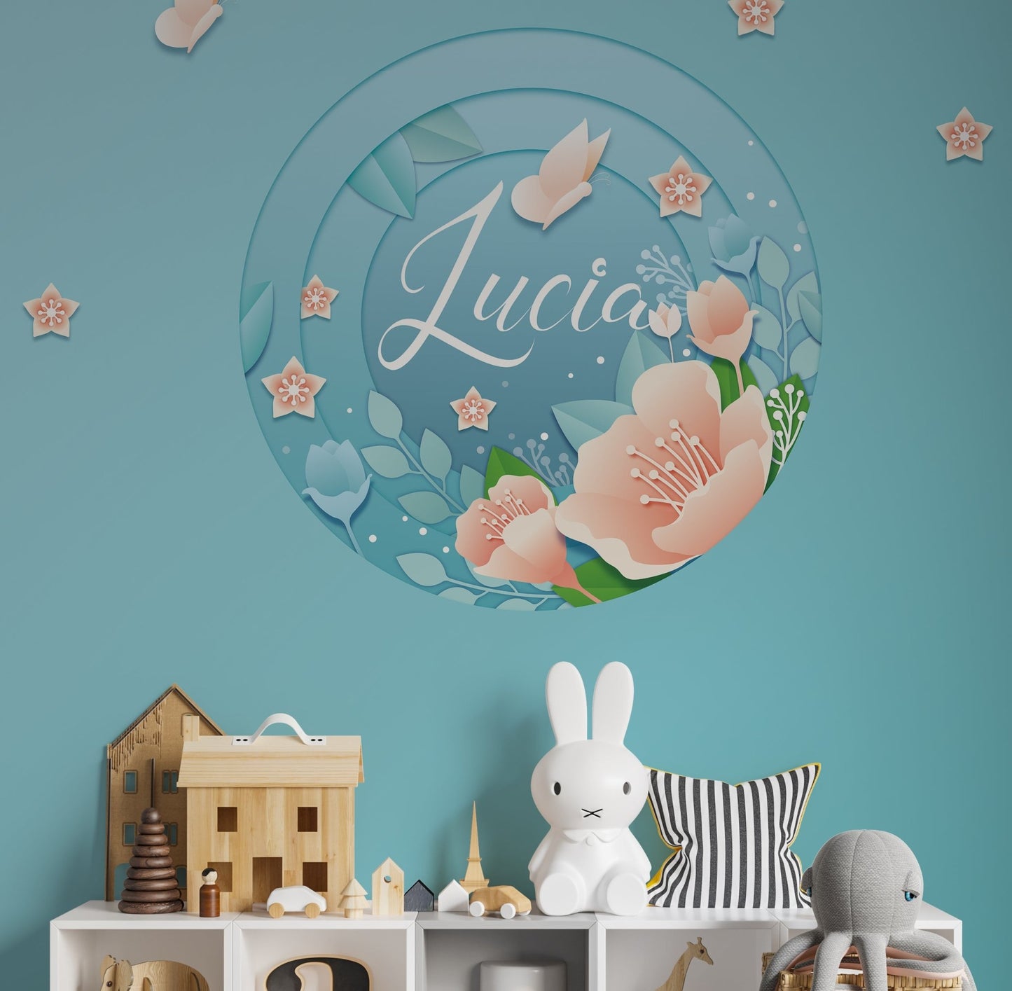 Customizable name pink flowers spring blue background. baby name perfect for kids room or parties decoration - OCP TINY THINGS