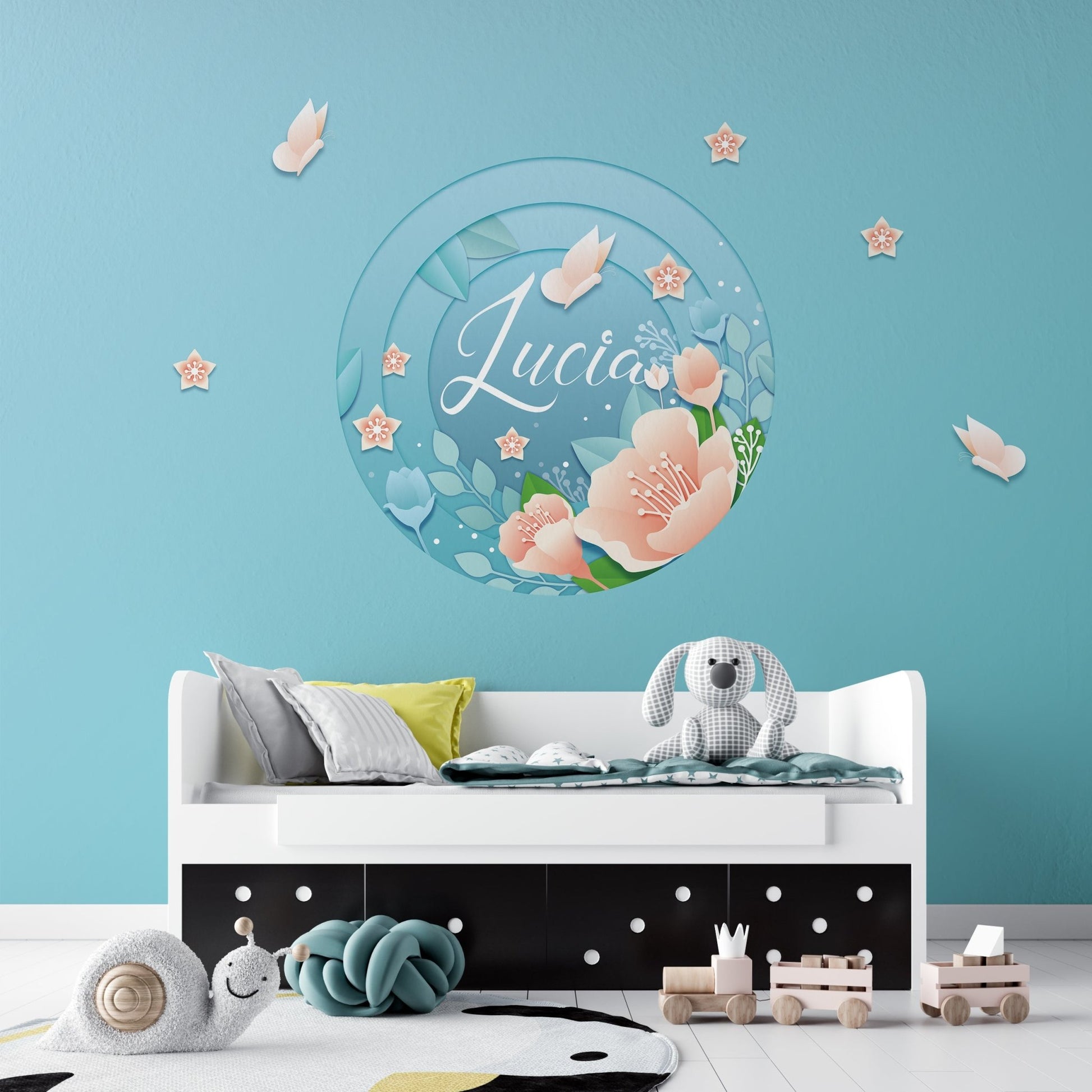 Customizable name pink flowers spring blue background. baby name perfect for kids room or parties decoration - OCP TINY THINGS