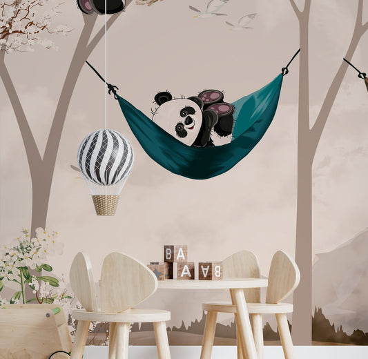 cute pandas lying in hammock for child room wallpaper design - OCP TINY THINGS