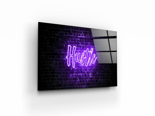 Inspirational Motivational Word Hustle in Purple Neon Light on Brick Wall - OCP TINY THINGS