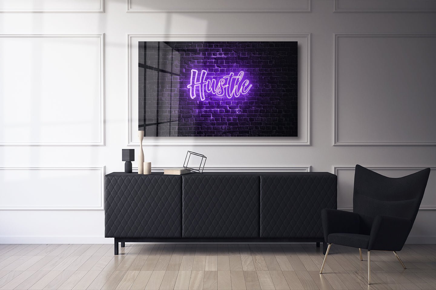 Inspirational Motivational Word Hustle in Purple Neon Light on Brick Wall - OCP TINY THINGS