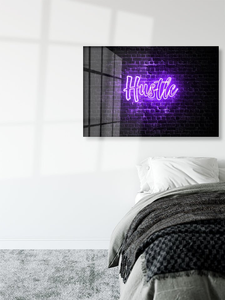 Inspirational Motivational Word Hustle in Purple Neon Light on Brick Wall - OCP TINY THINGS