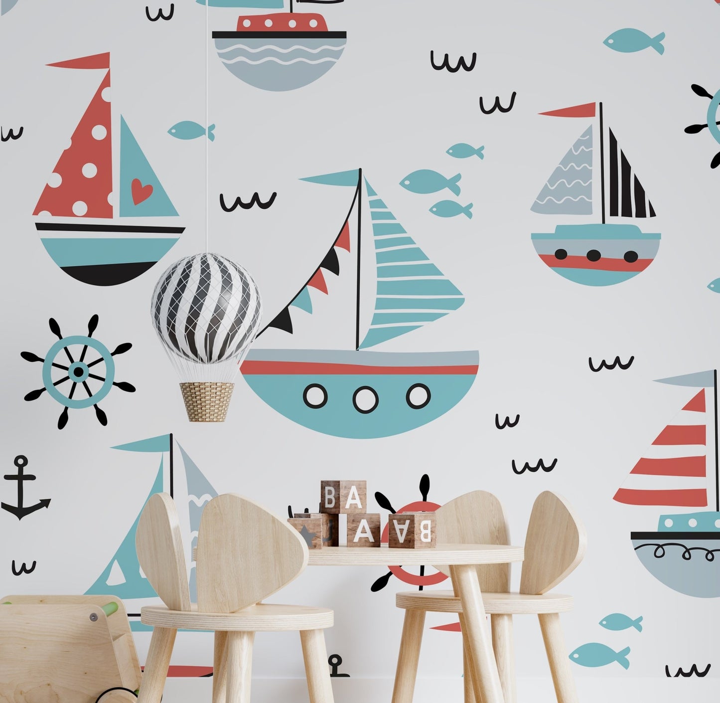 Marine seamless pattern with sailing ships and boats nautical pattern blue and red white background - OCP TINY THINGS