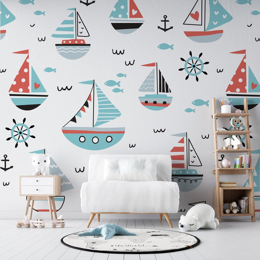 Marine seamless pattern with sailing ships and boats nautical pattern blue and red white background - OCP TINY THINGS