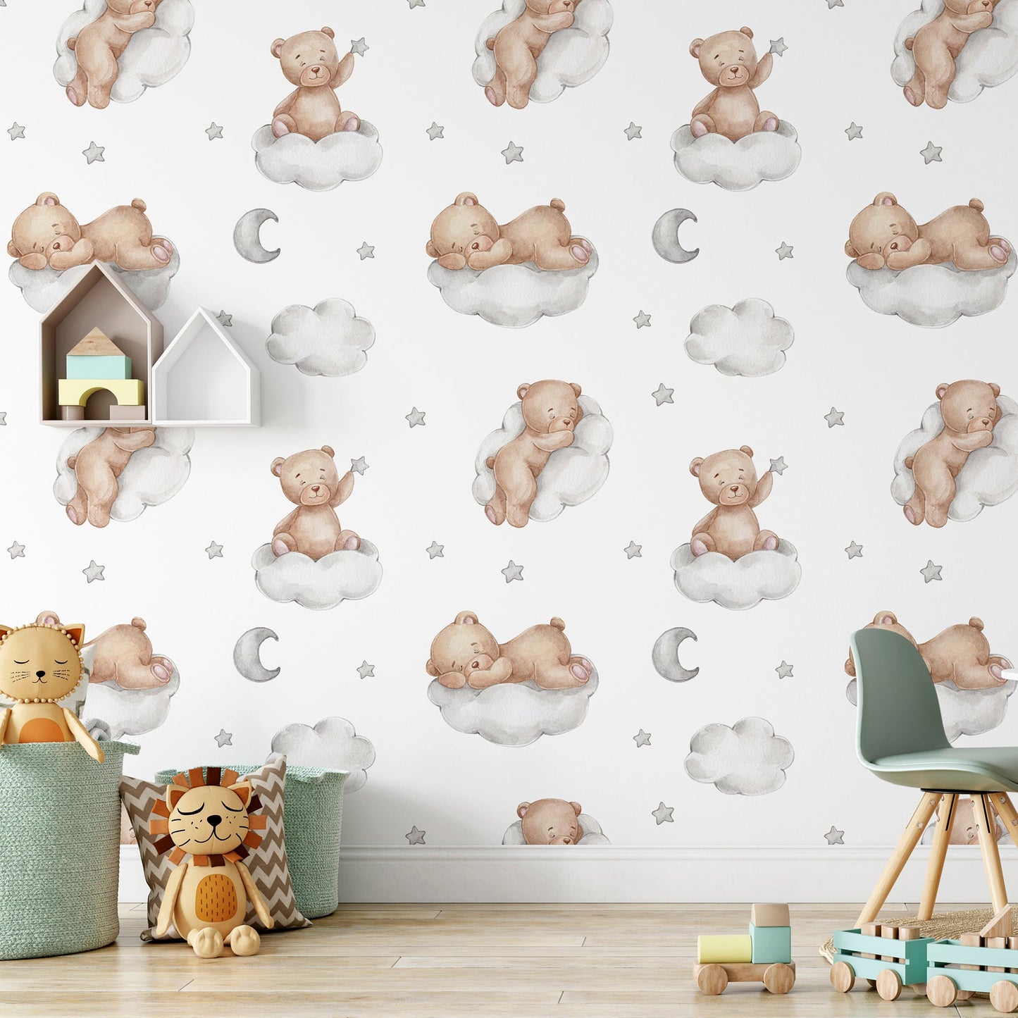 Seamless pattern with teddy bears on clouds moon and stars watercolor - OCP TINY THINGS