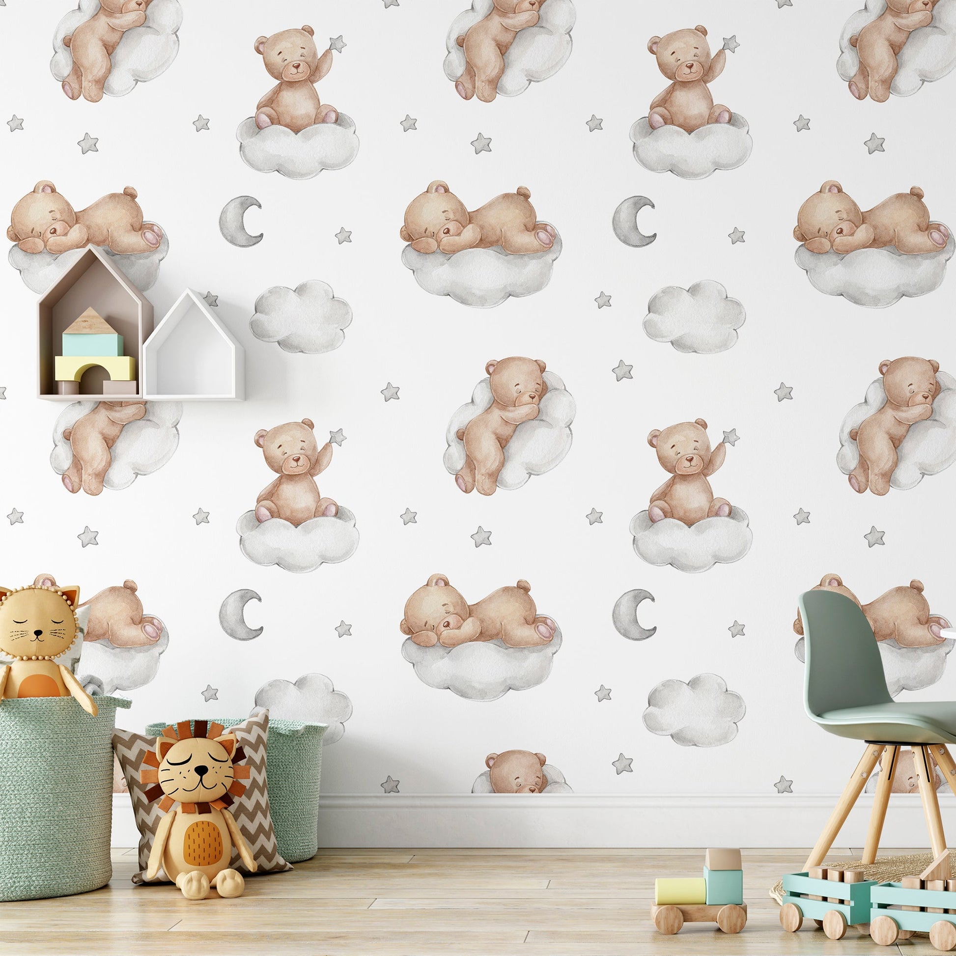 Seamless pattern with teddy bears on clouds moon and stars watercolor - OCP TINY THINGS