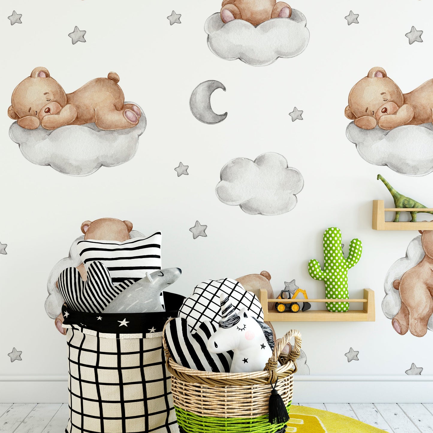Seamless pattern with teddy bears on clouds moon and stars watercolor - OCP TINY THINGS