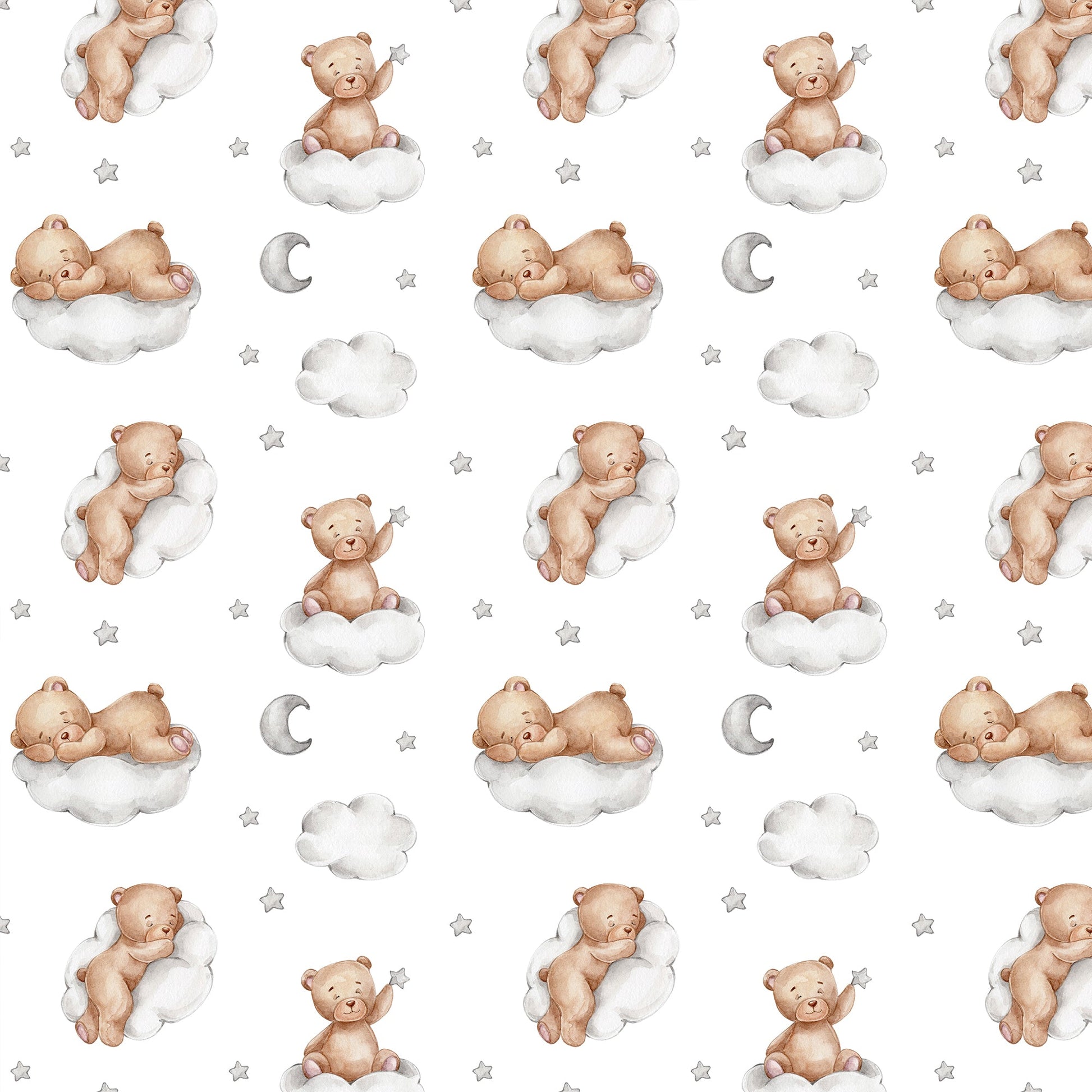 Seamless pattern with teddy bears on clouds moon and stars watercolor - OCP TINY THINGS
