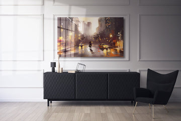 Street view of New York, man and woman, yellow taxi, modern Artwork, watercolor illustration 3