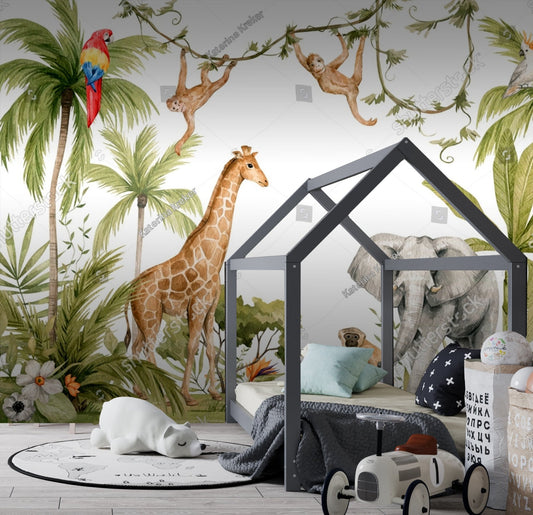 Watercolor composition with African animals and natural elements. Elephant, giraffe, monkeys, parrots, palm trees, flowers. Safari wild creatures. Jungle, tropical illustration for nursery - OCP TINY THINGS